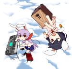  2girls animal_ears bangs barefoot black_hair black_socks bloomers blue_skirt blue_sky blush box brown_footwear carrot_necklace chibi cloud commentary_request donation_box dress floppy_ears flying full_body inaba_tewi instrument jewelry keyboard_(instrument) loafers looking_at_viewer multiple_girls necklace necktie open_mouth pink_dress pink_shirt purple_hair rabbit_ears rabbit_girl rabbit_tail red_eyes red_necktie reisen_udongein_inaba shirt shoes short_hair skirt sky socks stool tail torque touhou underwear upside-down white_bloomers 