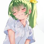  1girl bad_link blush bow closed_eyes closed_mouth collared_shirt cookie_(touhou) daiyousei diyusi_(cookie) green_hair hair_between_eyes hair_bow head_tilt highres ponytail shirt short_sleeves simple_background solo touhou upper_body white_background white_shirt yellow_bow 