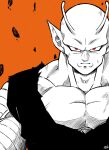  1boy absurdres antennae commentary dragon_ball dragon_ball_super dragon_ball_super_super_hero frown highres large_pectorals liedein male_focus monochrome muscular muscular_male orange_background orange_piccolo pectorals piccolo pointy_ears red_eyes rock solo spot_color upper_body 