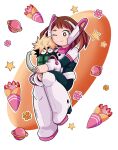  1boy 1girl bangs blonde_hair blush bodysuit boku_no_hero_academia brown_eyes brown_hair closed_mouth commentary crepe english_commentary flower food full_body highres one_eye_closed pink_flower planet planetary_ring short_hair simple_background smile spiked_hair star_(symbol) sunnyxplace uraraka_ochako white_background 
