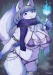 absurd_res anthro big_breasts blue_eyes blue_fire bottomwear bra breasts canid canine canis chest_tuft chikarasox clothing colored_fire elemental_manipulation female fire fire_manipulation fox fur hair hi_res kemono mammal nude panties solo tuft underwear white_body white_fur 