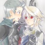  2boys black_gloves collared_cape collared_shirt corrin_(fire_emblem) corrin_(male)_(fire_emblem) fire_emblem fire_emblem_fates gloves green_eyes grey_hair kabedon lowres multiple_boys open_mouth pointy_ears quiff ritsuki_feif shirt silas_(fire_emblem) white_hair 