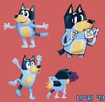  2019 anthro australian_cattle_dog back_pain bad_back bandit_heeler black_body black_fur black_nose blue_body blue_fur bluey_(series) canid canine canis cattledog coffee_cup container cup domestic_dog drinking english_text excited fur herding_dog hi_res male mammal pain pastoral_dog red_background redo_(artist) simple_background solo tan_body tan_fur text toony 