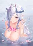  1girl :q absurdres breasts cleavage closed_mouth collarbone completely_nude flower grey_hair hair_over_one_eye highres horns large_breasts long_hair looking_at_viewer mole mole_under_eye nude original partially_submerged petals pink_flower pointy_ears purple_eyes shaobao_(sdhx3728) smile solo tattoo tongue tongue_out upper_body very_long_hair water water_drop 
