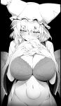 1girl bangs bottomless bra breasts cleavage closed_mouth commentary greyscale hat highres large_breasts long_sleeves looking_to_the_side mizuga monochrome navel pillow_hat short_hair simple_background solo stomach sweatdrop symbol-only_commentary touhou underwear wide_sleeves yakumo_ran 