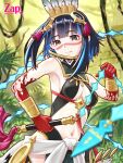  1girl bangs bare_shoulders black_hair black_skirt blood blood_on_hands blue_hair bracer breasts colored_inner_hair detached_collar facepaint fate/grand_order fate_(series) feathers forest grey_eyes halterneck headdress high_collar huitzilopochtli_(fate) looking_at_viewer medium_breasts multicolored_hair nature pelvic_curtain sash short_hair sidelocks skirt smile solo tassel whip zap 