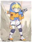  1girl absurdres apex_legends bangs blonde_hair blue_eyes blue_gloves blue_headwear blush_stickers bodysuit eyelashes full_body gloves gun highres holding holding_gun holding_weapon jacket knee_pads koushisong orange_jacket shoes smile solo standing wattson_(apex_legends) weapon white_footwear 