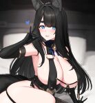  1girl animal_ears bangs bell black-haired_fox_girl_(hayabusa) black_garter_straps black_gloves black_hair black_thighhighs blue_eyes blush breast_curtains breasts cleavage elbow_gloves fox_ears fox_girl fox_shadow_puppet fox_tail gloves hand_up hayabusa heart highres large_breasts looking_at_viewer mole mole_on_breast mole_under_eye original parted_lips sideboob signature smile tail thick_eyebrows thighhighs thighs 