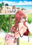  1boy 2girls ass bangs beach bikini black_hair blue_eyes blush breasts brown_hair from_behind go-toubun_no_hanayome hair_between_eyes highres kosmos_beta large_breasts leaning_forward long_hair looking_at_viewer multiple_girls nakano_itsuki nakano_miku ocean open_bikini open_clothes open_mouth palm_tree panels ponytail print_bikini red_bikini red_hair surprised sweatdrop swimsuit tree uesugi_fuutarou upper_body very_long_hair volleyball 