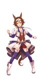  1girl :d animal_ears bamboo_memory_(umamusume) blush brown_hair clenched_hands ear_bow full_body hachimaki hair_between_eyes headband highres horse_ears horse_girl horse_tail jacket looking_at_viewer midriff multicolored_hair official_art purple_thighhighs red_shorts short_hair shorts simple_background smile solo starting_future_(umamusume) streaked_hair tail thighhighs transparent_background two-tone_hair umamusume white_hair white_jacket 