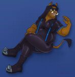  anthro black_hair blue_background boots bottomwear brown_body brown_fur cadaverrdog clothing collared_shirt crossed_legs facial_hair footwear fur goatee hair half-closed_eyes hi_res leather leather_boots leather_bottomwear leather_clothing leather_footwear leather_pants long_hair male mammal mask musclegut narrowed_eyes open_mouth open_smile pants simple_background smile solo suid suina sus_(pig) suspenders tail tail_tuft tuft tusks wild_boar 