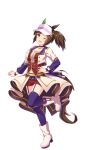  1girl ;d animal_ears breasts brown_hair choker ear_covers full_body green_eyes highres horse_ears horse_girl horse_tail ines_fujin_(umamusume) jacket large_breasts leg_up long_sleeves looking_at_viewer midriff official_art one_eye_closed purple_thighhighs red_shorts shorts side_ponytail simple_background single_ear_cover smile solo starting_future_(umamusume) tail thighhighs transparent_background umamusume visor_cap white_jacket 
