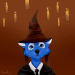  anthro black_clothing black_necktie black_nose black_topwear blue_body blue_ears blue_eyes blue_fur blue_sclera brown_clothing brown_hat brown_headwear bust_portrait candle canid cheek_tuft clothed clothing facial_tuft front_view fur hat headgear headwear male mammal mouth_closed necktie portrait roobin signature simple_background solo topwear tuft white_clothing white_inner_ear white_topwear 