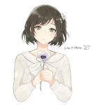  1girl blouse blush brown_eyes brown_hair closed_mouth collar_x_malice flower holding holding_flower long_sleeves shirt short_hair solo someya_yuka sooooniiiii white_background white_flower white_shirt 