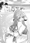  1boy 2girls absurdres ass bangs beach bikini black_hair blush breasts from_behind go-toubun_no_hanayome hair_between_eyes highres kosmos_beta large_breasts leaning_forward long_hair looking_at_viewer monochrome multiple_girls nakano_itsuki nakano_miku ocean open_bikini open_clothes open_mouth palm_tree panels ponytail print_bikini screentones short_hair surprised sweatdrop swimsuit tree uesugi_fuutarou upper_body very_long_hair volleyball 