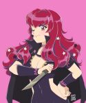  1girl black_cape breasts brown_eyes cape cleavage commentary covered_navel facial_mark fire_emblem fire_emblem_engage hand_on_hip highres holding holding_knife holding_weapon kaguras-art knife long_hair looking_at_viewer one_eye_closed pink_background red_hair simple_background smile solo star_(symbol) upper_body weapon yunaka_(fire_emblem) 