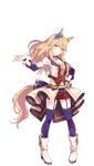  1girl animal_ears blonde_hair blue_eyes full_body gold_city_(umamusume) highres horse_ears horse_girl horse_tail jacket long_hair long_sleeves looking_at_viewer midriff official_art purple_thighhighs red_shorts shorts simple_background smile solo starting_future_(umamusume) tail thighhighs transparent_background umamusume white_jacket 