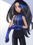  1girl adjusting_clothes adjusting_gloves black_hair black_pants blue_eyes blue_gloves blue_shirt bright_pupils commentary_request covered_collarbone cowboy_shot eyelashes geeta_(pokemon) gloves highres hyoe_(hachiechi) long_hair looking_at_viewer multicolored_hair neck_ribbon pants parted_lips pokemon pokemon_(game) pokemon_sv ribbon shirt sleeveless sleeveless_shirt smile solo white_pupils yellow_ribbon 