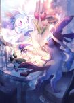  blue_eyes bottle closed_mouth commentary_request different_reflection dream_ball eko_(wk_egg) flower highres mirror no_humans open_mouth pink_flower pokemon pokemon_(creature) reflection smile sylveon tongue twitter_username watermark 