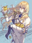  1boy apple armor ascot blonde_hair blue_ascot blue_background blue_eyes cape cowboy_shot fate/grand_order fate_(series) feathers food formal fruit gloves golden_apple hair_between_eyes holding holding_food holding_fruit jacket kirschtaria_wodime long_hair looking_at_viewer male_focus na222222 pants shirt shoulder_armor smile solo sparkle stone_walkway suit vest white_cape white_gloves white_jacket white_pants white_shirt white_suit white_vest 