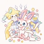  :3 :d artist_name blue_background blue_eyes bright_pupils candy closed_mouth food full_body highres jar jirachi konpeitou looking_at_viewer mofucoffee multicolored_background no_humans open_mouth pokemon pokemon_(creature) simple_background sitting smile sylveon twitter_username white_background white_pupils 