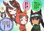  4girls ? air_groove_(umamusume) alternate_costume arrow_(symbol) blue_eyes closed_eyes commentary_request fine_motion_(umamusume) forehead_protector hair_ornament headband highres horse_girl long_hair multiple_girls ninja school_uniform symboli_kris_s_(umamusume) symboli_rudolf_(umamusume) takiki tracen_school_uniform translation_request umamusume umayuru 