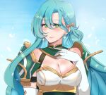  1girl aqua_hair armor azumishard bare_shoulders blue_background blush bow braid breasts chloe_(fire_emblem) cleavage commentary earrings fire_emblem fire_emblem_engage gloves green_eyes hair_bow jewelry large_breasts long_hair looking_at_viewer orange_bow shoulder_armor solo upper_body very_long_hair white_gloves 