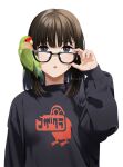  1girl animal bangs bird black_eyes black_hair black_shirt blush eyebrows_hidden_by_hair hand_up long_sleeves looking_at_viewer mattaku_mousuke original parakeet parted_lips puffy_long_sleeves puffy_sleeves shirt sleeves_past_wrists solo thick_eyebrows twitter_username upper_body watermark 