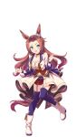  1girl :d animal_ears blue_eyes boots breasts brown_hair cleavage curtained_hair full_body hair_intakes highres horse_ears horse_girl horse_tail jacket kawakami_princess_(umamusume) large_breasts long_hair looking_at_viewer midriff official_art purple_thighhighs red_shorts shorts simple_background smile solo starting_future_(umamusume) tail thigh_strap thighhighs transparent_background umamusume white_footwear white_jacket widow&#039;s_peak 