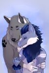  anthro arm_markings arm_tuft black_markings black_nose blue_background blue_body blue_fur blue_hair canid cheek_tuft chest_tuft closed_smile cuddling dragon duo eyes_closed facial_tuft fur furred_dragon grey_body grey_fur hair male mammal markings mouth_closed roobin short_hair shoulder_markings simple_background tuft white_body white_fur wrist_tuft 