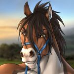  2023 ambiguous_gender andrew_(wasen) anthro blurred_background brown_body brown_mane digital_media_(artwork) equid equine eyebrows halter headshot_portrait hi_res horse looking_aside mammal mane multicolored_body portrait reins rufciu smile smirk solo teeth yellow_eyes 