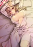  1girl arms_up azur_lane bathrobe bed bed_sheet blonde_hair breasts commission drill_hair duca_degli_abruzzi_(azur_lane) gekato halo highres large_breasts looking_at_viewer lying on_back on_bed open_clothes raised_eyebrows red_eyes red_halo short_hair side_drill sideboob skeb_commission solo 
