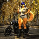  3d_(artwork) absurd_res anthro bludergat99 boots bottomwear breasts canid canine carmelita_fox cleavage clothed clothing digital_media_(artwork) female footwear fox gun hi_res high_heeled_boots high_heels hotpants huge_filesize mammal motorcycle muscular_thighs ranged_weapon shorts sly_cooper_(series) solo sony_corporation sony_interactive_entertainment sucker_punch_productions uniform vehicle weapon 