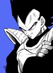  1boy absurdres armor blue_background blue_eyes commentary dragon_ball dragon_ball_z gloves highres liedein male_focus monochrome shoulder_armor signature smile solo spot_color upper_body vegeta widow&#039;s_peak 