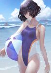  1girl ball beach beachball black_eyes breasts cloud collarbone contrapposto expressionless groin head_tilt highres island kaoming looking_at_viewer medium_hair one-piece_swimsuit original outdoors sand see-through sky small_breasts swimsuit waving wavy_hair wet wet_clothes wet_swimsuit 