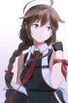  1girl ahoge bangs black_gloves blue_eyes braid brown_hair chagen_kokimu chest_harness fingerless_gloves gloves hair_between_eyes hair_flaps harness kantai_collection long_hair necktie red_necktie shigure_(kancolle) shigure_kai_san_(kancolle) signature single_braid solo upper_body 