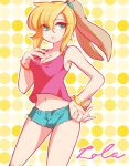  animal_ears armpits blonde_hair blue_eyes bracelet breasts character_name cleavage eyelashes hand_on_hip highres hip_bones humanization imotaco_nankin jewelry lola_bunny navel necklace pink_shirt pink_tank_top rabbit_ears rabbit_tail shirt short_shorts shorts space_jam tail tank_top teeth upper_teeth_only 
