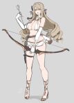  1girl arrow_(projectile) blonde_hair blue_eyes blush bow_(weapon) breasts ear_covers elbow_gloves elf full_body gloves grey_background hayabusa high_heels highres holding holding_arrow holding_bow_(weapon) holding_weapon large_breasts long_hair looking_at_viewer micro_shorts mole mole_on_breast open_mouth original pointy_ears quiver shorts simple_background solo standing weapon white_gloves white_shorts 