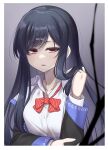  1girl bangs black_jacket blue_hair bow bowtie collared_shirt denonbu hair_ornament hairclip jacket long_hair long_sleeves open_clothes open_jacket open_mouth red_bow red_bowtie red_eyes saetusum school_uniform shinonome_kazune shirt solo upper_body white_shirt 
