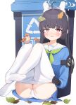  1girl @_@ absurdres ahoge animal_ears ass bangs bird black_gloves black_hair blue_archive blue_shirt blue_skirt blunt_bangs cameltoe fake_animal_ears foreshortening full_body gloves green_neckerchief halo highres hime_cut iyo231 leaf leaf_on_head long_hair long_sleeves looking_at_viewer miyu_(blue_archive) neckerchief no_shoes open_mouth panties pantyhose pink_eyes polka_dot polka_dot_panties rabbit_ears sailor_collar shirt simple_background skirt soles solo trash_can underwear white_background white_panties white_pantyhose 
