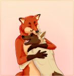  anthro black_nose brown_body brown_fur canid closed_smile dipstick_ears duo embrace eyes_closed fur gloves_(marking) hug male mammal markings mouth_closed multicolored_ears open_mouth open_smile orange_body orange_fur roobin simple_background smile tan_body tan_fur 