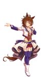  1girl ;) agnes_tachyon_(umamusume) ahoge animal_ears breasts brown_hair chemical_structure choker cleavage earrings empty_eyes hair_between_eyes highres horse_ears horse_girl horse_tail jacket jewelry long_hair long_sleeves looking_at_viewer messy_hair midriff official_art one_eye_closed purple_thighhighs red_eyes red_shorts short_hair shorts simple_background single_earring smile solo starting_future_(umamusume) tail thigh_strap thighhighs transparent_background umamusume white_jacket 