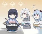  3girls ahoge alternate_costume apron bangs black_hair blue_eyes blue_hair blue_hoodie boiling bowl chinese_commentary closed_mouth commentary_request cooking drooling food ganyu_(genshin_impact) genshin_impact goat_horns gradient_background gradient_hair green_eyes grey_hair grey_sweater hair_between_eyes hair_over_one_eye hand_up holding holding_bowl hood hoodie horns lamp long_hair long_sleeves looking_at_another looking_down multicolored_eyes multicolored_hair multiple_girls open_mouth orange_background pink_apron polka_dot polka_dot_apron puffy_long_sleeves puffy_sleeves purple_eyes saucepan shenhe_(genshin_impact) short_hair sidelocks single_stripe smile standing star_(symbol) star_print steam striped striped_sweater sweater table tongue turtleneck turtleneck_sweater v-shaped_eyebrows water white_background white_hoodie xinzoruo yelan_(genshin_impact) yellow_eyes 