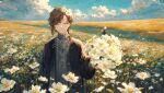  2boys black_jacket brown_hair catact41 closed_eyes cloud cloudy_sky dog_tags ear_piercing field flower flower_field grey_sweater hair_flower hair_ornament highres holding holding_flower jacket jewelry kanae_(nijisanji) kuzuha_(nijisanji) low_ponytail mole mole_under_eye multiple_boys necklace nijisanji piercing short_hair side_ponytail sky smile sweater turtleneck turtleneck_sweater virtual_youtuber wavy_hair white_hair 