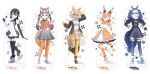  5girls animal_ears black_hair blazer blonde_hair blue_hair bow bowtie caracal_(kemono_friends) caracal_ears coyote_(kemono_friends) dire_wolf_(kemono_friends) elbow_gloves extra_ears fox_ears fox_girl fox_tail gloves grey_hair hat headphones highres humboldt_penguin_(kemono_friends) island_fox_(kemono_friends) jacket kemono_friends kemono_friends_v_project kneehighs long_hair looking_at_viewer microphone multiple_girls necktie official_art one_eye_closed orange_hair pantyhose penguin_girl ribbon shirt short_hair simple_background skirt sleeveless sleeveless_shirt socks tail twintails virtual_youtuber wolf_ears wolf_girl wolf_tail 