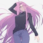  1girl anianiani0607 casual fate/stay_night fate_(series) forehead glasses highres long_hair looking_at_viewer medusa_(fate) medusa_(rider)_(fate) purple_eyes purple_hair solo upper_body very_long_hair 