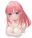  1girl ahoge bangs blue_eyes blunt_bangs breasts cleavage closed_mouth collarbone cropped_torso hair_ornament hairclip heart-heavenly5 highres large_breasts long_hair looking_at_viewer original pink_hair simple_background smile solo strapless white_background 