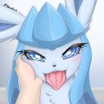  1:1 2023 absurd_res alternate_version_at_source ambiguous/ambiguous ambiguous_focus ambiguous_gender blue_body blue_eyes blue_fur blush bodily_fluids cute_fangs digital_media_(artwork) disembodied_hand eeveelution eyelashes feral feral_focus fur generation_4_pokemon glaceon half-closed_eyes hi_res human looking_at_viewer mammal narrowed_eyes naughty_face nintendo open_mouth pokemon pokemon_(species) saliva saliva_on_tongue solo_focus tongue tongue_out tuberosekotoki 