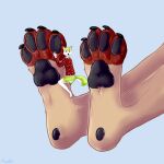  1:1 ambiguous_gender ambiguous_species anthro black_claws black_pawpads blue_background blue_eyes bottomless canid claws closed_smile clothed clothing duo feet foot_focus fur green_body green_eyes green_fur heterochromia hi_res male mammal mouth_closed pawpads red_clothing red_toes red_topwear roobin simple_background size_difference solo_focus tan_body tan_fur topwear white_body white_fur 