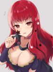  1girl black_cape breasts cape choker cleavage commentary_request facial_mark fire_emblem fire_emblem_engage grey_background haru_(nakajou-28) highres large_breasts long_hair looking_at_viewer open_mouth pink_choker purple_eyes red_hair simple_background solo star_(symbol) upper_body yunaka_(fire_emblem) 